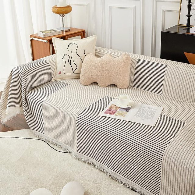 Super Six Sofabezug aus Baumwolle und Leinen in Beige mit Streifenmuster, B/B: 180 x 260 cm - Bild 1