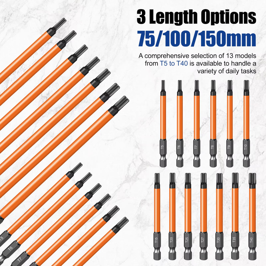 XMSJ Torx-Schraubendreher-Bit-Set aus S2-Legierungsstahl mit starkem Magnetismus und 1/4 Zoll Sechskantschaft, einzelne Bits T5-T40 in den Längen 75 mm, 100 mm und 150 mm - Bild 5