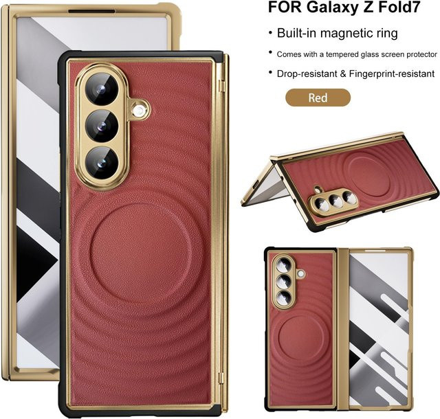 Samsung Galaxy Z Fold 7 Handyhülle aus Leder mit integriertem Magnetring und gehärtetem Glas in Braun - Bild 1