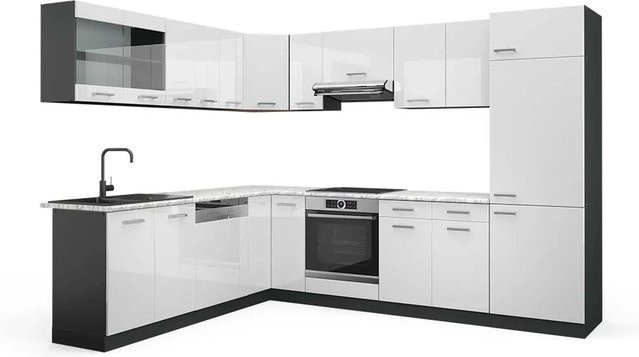 Vicco R-Line Eckküche in Weiß Hochglanz und Anthrazit mit Marmor-Optik, B/T/H: 227 x 287 x 207 cm - Bild 1