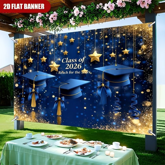 VIKAMA Abschlussfeier Wandteppich Jahrgang 2026 Banner Fotokulisse Blau mit Sternen und abstraktem Design - Bild 1