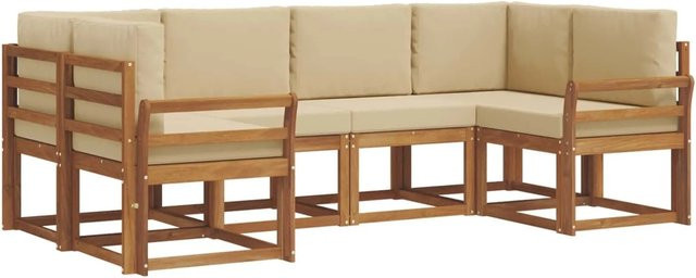 vidaXL Outdoor-Sofagarnitur 6-teilig aus Akazienholz in Natur und Beige mit Kissen und Armlehnen - Bild 1