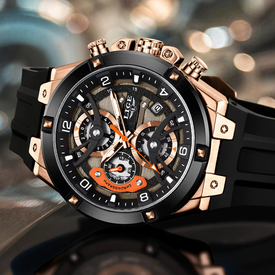 LIGE Armbanduhr Chronograph, Quarz, Silikonarmband, Schwarz, Herren - Bild 6