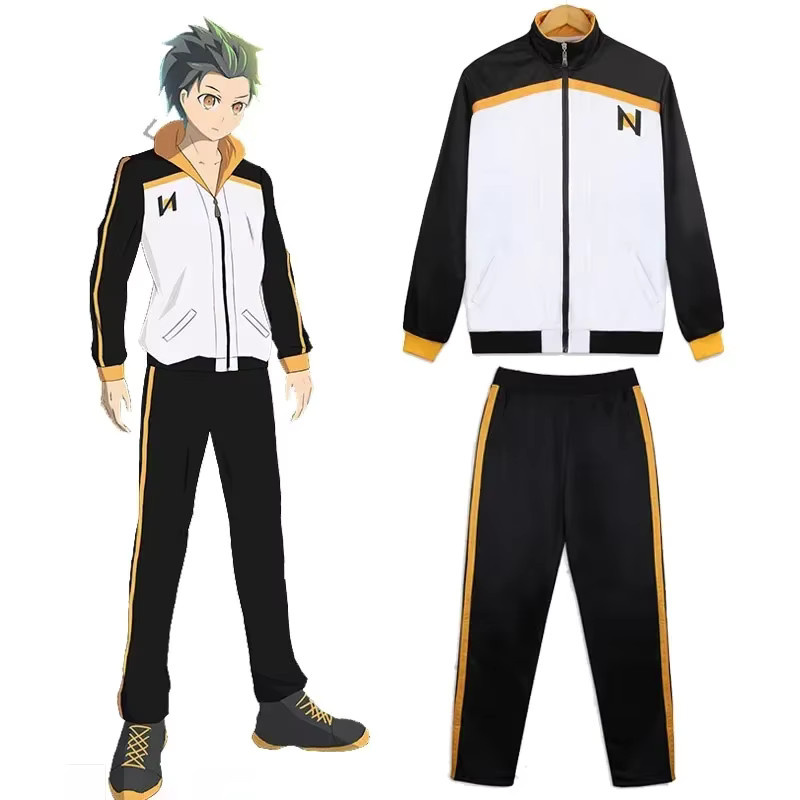 HHYRCOS Re:Zero Subaru Natsuki Cosplay Kostüm, Campus-Uniform, Schwarz-Weißer Trainingsanzug, Jacke Hose - Bild 2