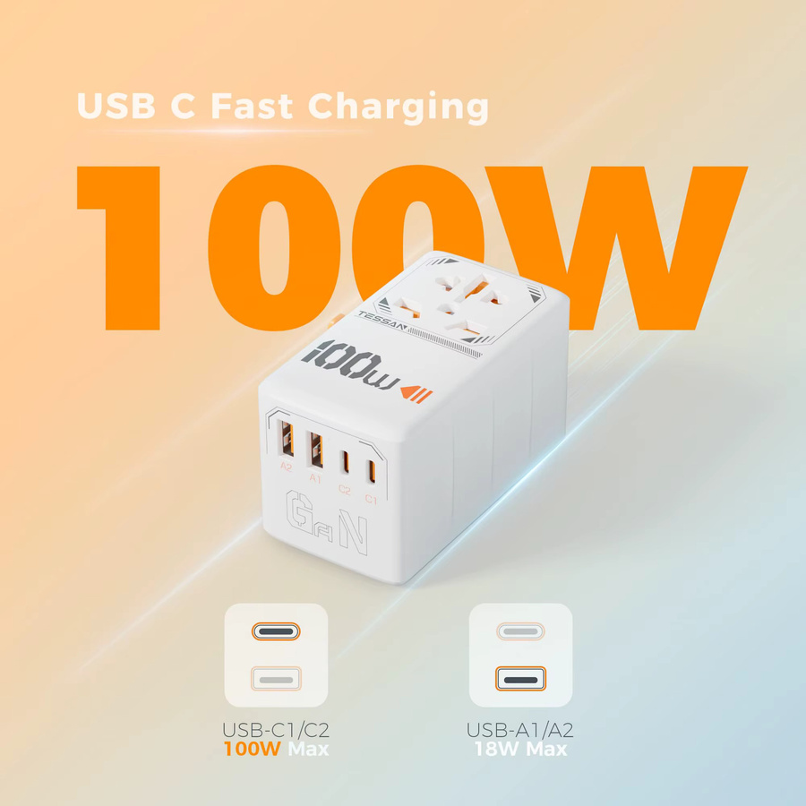 TESSAN GaN Universal-Reiseadapter mit 100 W Schnellladung, 2 USB-C Anschlüssen, All-in-One International für EU, UK, USA und AUS - Bild 2