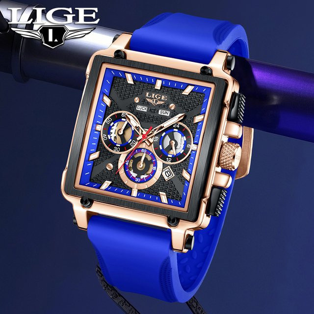 LIGE Armbanduhr Chronograph, Quarz, Eckig, Schwarz, Silikon, Herren - Bild 1