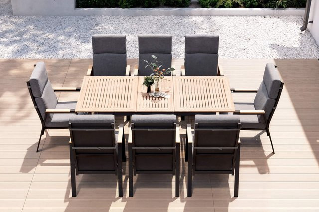 OUTFLEXX Garten-Essgruppe aus Aluminium und Teak in Anthrazit Matt mit Ausziehtisch und 8 Sesseln - Bild 1