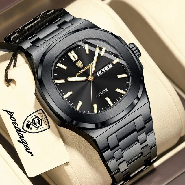 POEDAGAR Armbanduhr Edelstahl, Quarz, Silber, Herren, Datum, Wochentag - Bild 1