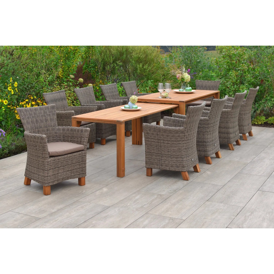 Merxx Gartenmöbelset Toskana 11-teilig mit ausziehbarem Tisch und 10 Sesseln aus Akazienholz und Aluminium in Beige und Braun - Bild 2