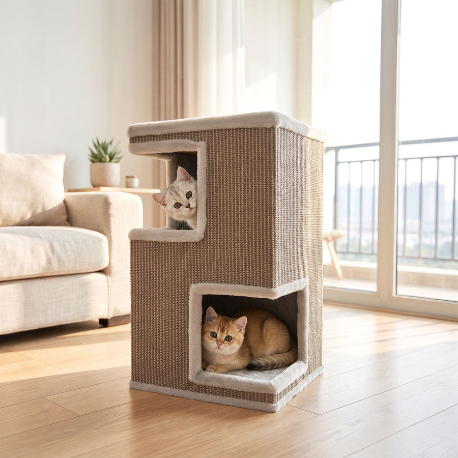 PawHut 3-stöckige Katzentonne Grau mit 2 Katzenhöhlen, Kissen und Kratzflächen für Katzen bis 6 kg - Bild 2