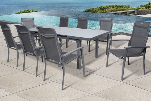 Hartman Alice Comfort Garten-Essgruppe in Anthrazit mit ausziehbarem Tisch und 8 Stapelsesseln aus Aluminium und Textilene - Bild 1