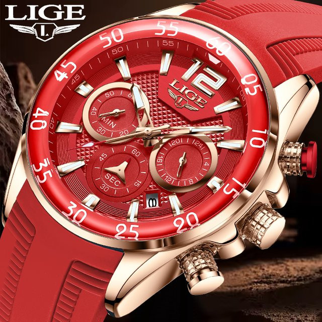 LIGE Armbanduhr Chronograph, Quarz, rotes Silikon, Herren - Bild 1