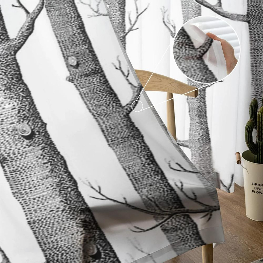 Yiran Furniture Transparentes Voile-Fensterdekoration mit Birkenzweigen in Grau und Weiß, Tüll- und Organza-Vorhang mit Ösen, Breite: 135 cm, Höhe: 115 cm - Bild 1