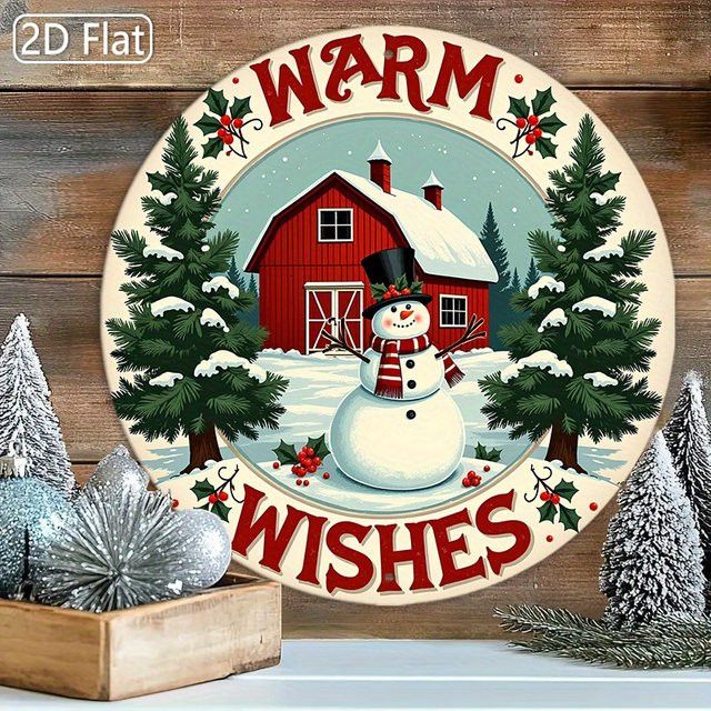 Potdemiel Weihnachts-Wanddekoration aus Metall mit roter Scheune und Schneemann in Winterszene, rundes Metallschild im Bauernhaus-Stil - Bild 1