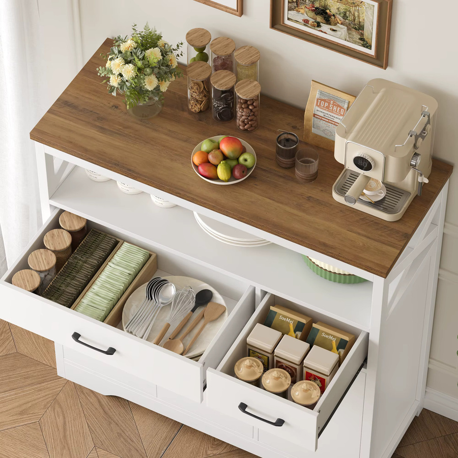 Getone Sideboard in Weiß mit 2 Schubladen und 3 Türen, moderner Küchenschrank und Buffetschrank mit Arbeitsplatte aus Holzoptik - Bild 2