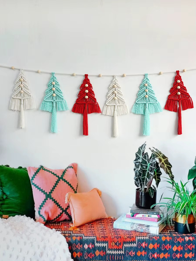 LUSQI Handgeknüpfte Weihnachtsbaumschmuck Boho Anhänger aus Baumwollseil in Beige - Bild 3
