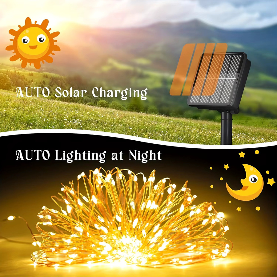 LEDOOR 2er-Pack Solar-Lichterkette mit 600 LED und Kupferdraht, Warmweiß, 64m Länge für Garten, Hof und Dekoration - Bild 2