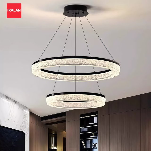 IRALAN LED Kronleuchter in Schwarz mit Kristall-Elementen, dimmbarer Ring-Pendelleuchte für Wohnzimmer, Esszimmer und Schlafzimmer - Bild 1