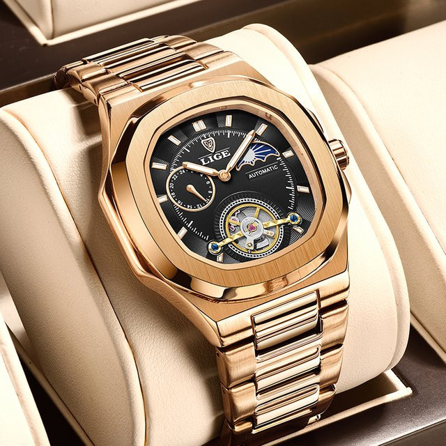 LIGE Armbanduhr Automatik, Edelstahl, Schwarz, Herren - Bild 1