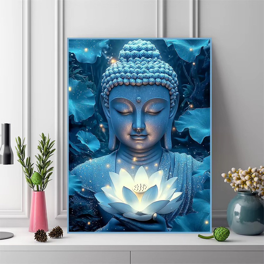 EverShine Diamant-Mosaik Buddha-Porträt Wandkunst mit Lotus-Motiv in Blau, Vollquadratische Strass-Stickerei auf Leinwand, B/H: 30 x 30 cm - Bild 3