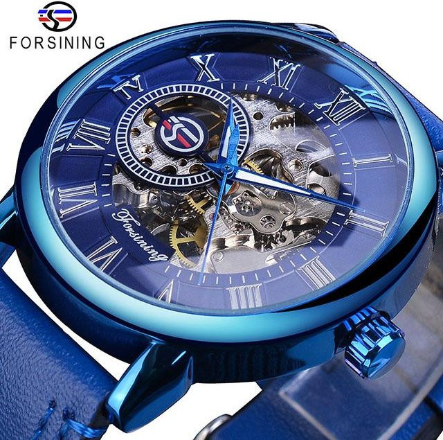Forsining Armbanduhr, Skeleton, Handaufzug, Edelstahl, Leder, Blau, Herren - Bild 1