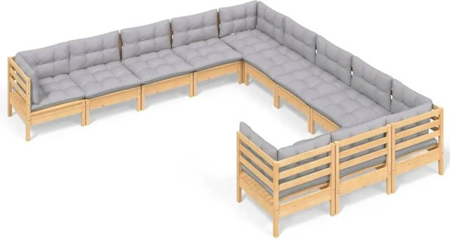vidaXL 11-tlg. Garten-Lounge-Set aus massivem Kiefernholz mit grauen Kissen - Bild 1