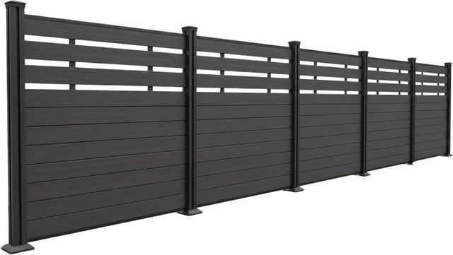 WPC-Sichtschutzzaun Cortado mit Luftöffnungen in Schwarz, Set bestehend aus 5 Elementen und 6 Pfosten, B: 910 cm, H: 190 cm - Bild 1