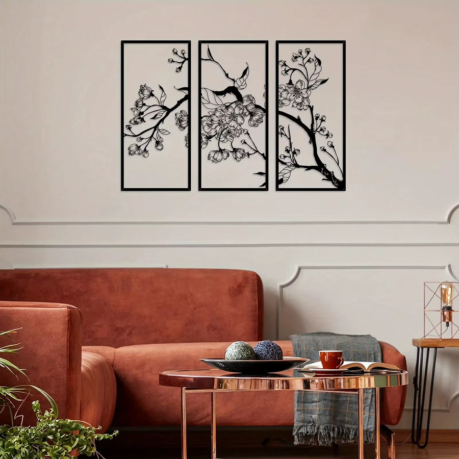 DDPNKL Wanddekoration aus Metall mit Pfirsichblüten, quadratische Wandkunstskulptur in Schwarz, modernes florales Design für Zuhause und Garten - Bild 2