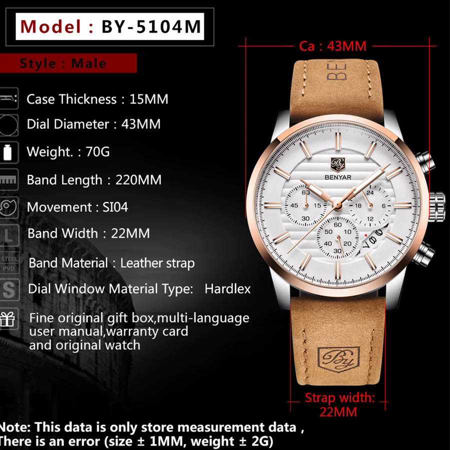 BENYAR Armbanduhr Quarz, Leder, Weiß, Roségold, Herren - Bild 2