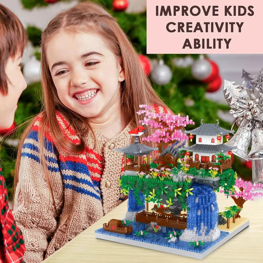 CTMA MOC Baustein-Set Chinesische Architektur Pfirsichblüte und Kirschbaum mit Pool aus Mini-Bricks in Mehrfarbig - Bild 6