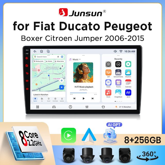 Junsun Wireless CarPlay und Android Auto Autoradio für Fiat Ducato, Peugeot Boxer und Citroen Jumper X250 (2006-2014) mit GPS, WiFi, Bluetooth und DSP in Schwarz - Bild 1