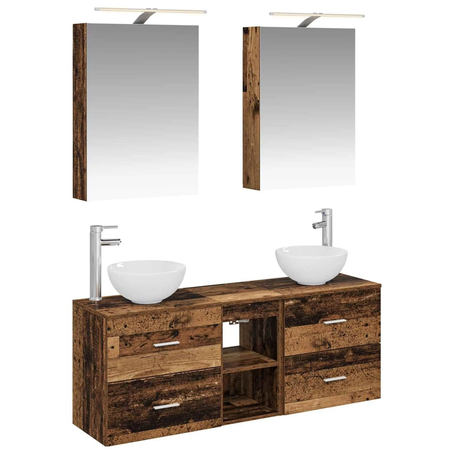 vidaXL Badezimmerschrank-Set aus Altholz in Braun, 5-teiliges modernes Set mit Waschtischunterschrank, Wandunterschrank, Spiegelschrank und LED-Beleuchtung, B/T/H: 50 x 14,5 x 70 cm - Bild 2