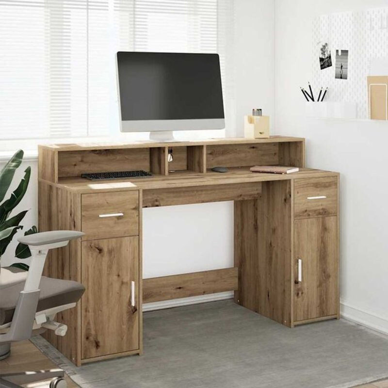 LED-Schreibtisch Vidaxl Artisan-Eiche in Braun und Eiche Natur aus Holzwerkstoff, B/T/H: 140 x 55 x 91 cm - Bild 1
