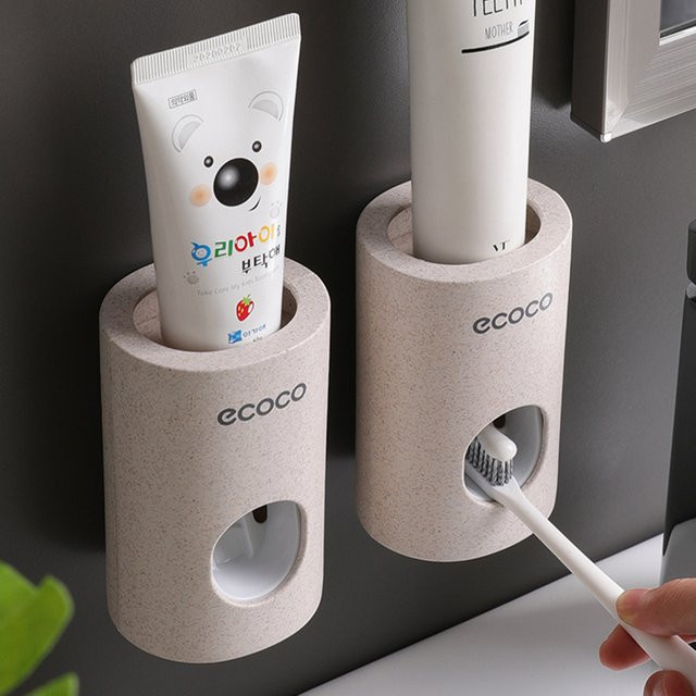 Ecoco Automatischer Zahnpastaspender und staubdichter Zahnbürstenhalter zur Wandmontage in Beige - Bild 1