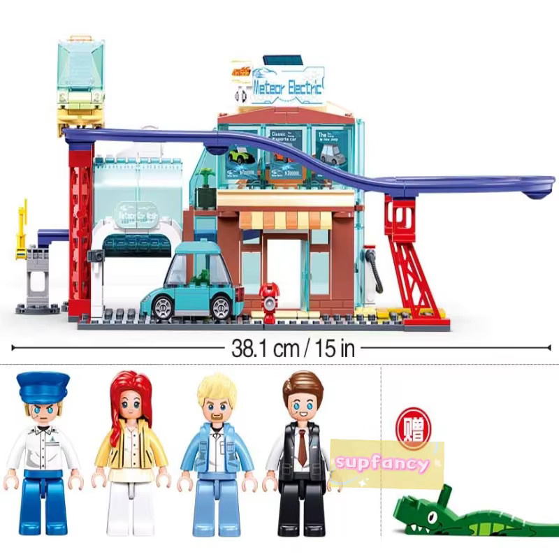 Sluban Metropolis Zentrale Straßenbahn-Station & Auto-4S-Shop, Bausteine Stadtansicht, mit Charakterfiguren - Bild 3