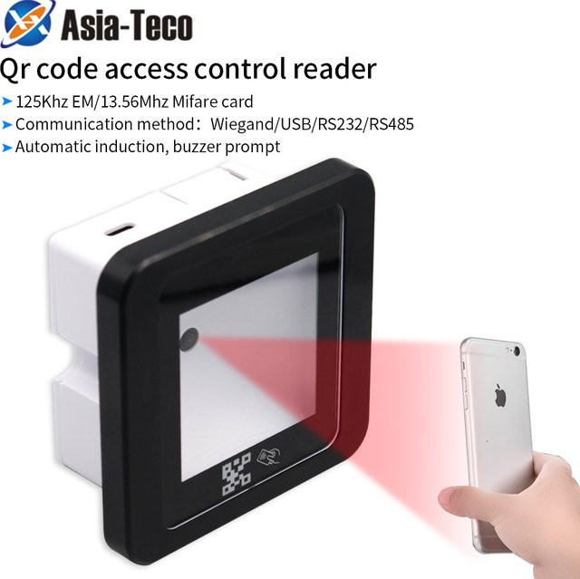 Asia-Teco QR-Code und RFID-Leser Schwarz mit 125 kHz EM, 13,56 MHz MF, USB, Wiegand, RS232 und RS485 für Zugangskarten und 2D-Barcodes - Bild 1