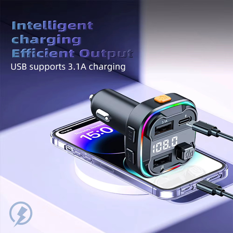 LUTU Bluetooth 5.3 FM Transmitter mit Dual USB und Typ-C 3.1A Schnellladegerät, AUX Audio Adapter Car Kit mit Freisprecheinrichtung und MP3 Modulator in Schwarz - Bild 2