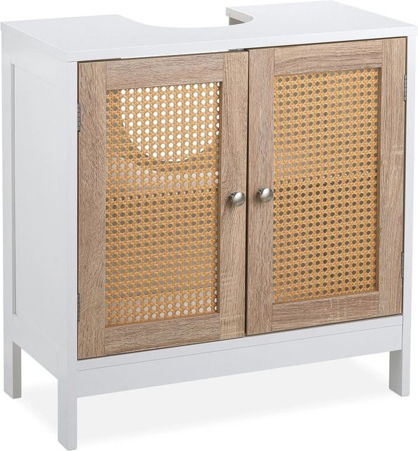 Relaxdays Waschbeckenunterschrank aus MDF in Weiß mit Rattan-Türen im Boho-Stil, inklusive Einlegeboden und Siphonaussparung, B/H/T: 61,5 x 60 x 30 cm - Bild 1
