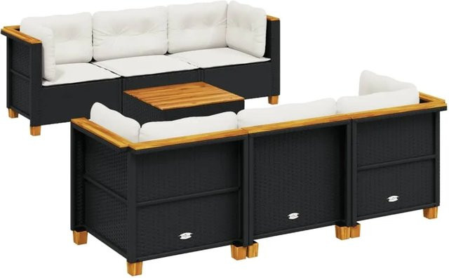 vidaXL 7-tlg Garten-Sofagarnitur aus Polyrattan in Schwarz mit Kissen und Akazienholz-Tisch - Bild 1