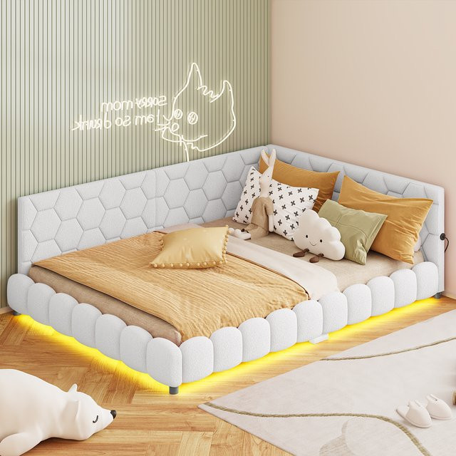 Rosahqnda Doppelbett für Erwachsene mit LED-Bettgestell und L-förmigem Kopfteil aus Teddy-Fleece, Farbe: Rosa/Weiß, B/T/H: 140 x 200 cm - Bild 1