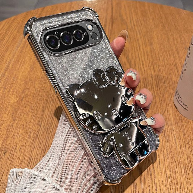 Elegante Google Pixel 10 9A Pro XL Schutzhülle mit vergoldeten Kanten und drehbarem Kaninchen-Make-up-Spiegelständer in Blau - Bild 1