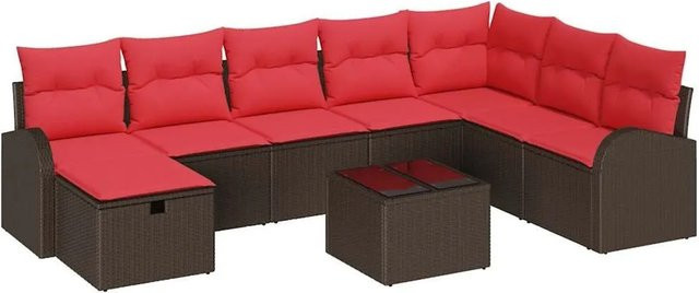 vidaXL Sofa Set aus Poly-Rattan in L-Form mit 9 Kissen in Braun und Rot und Tisch - Bild 1