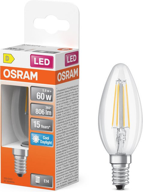 Osram LED Retrofit Classic B Filament Kerzenlampe E14 5,9W 6500K Cool White Transparent - Bild 1