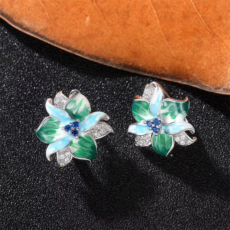 Huitan Ohrringe, Grün Blaue Blumen, Zirkonia, Damen - Bild 3