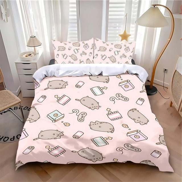 MINISO Bettwäsche-Set mit Pusheen-Katzen-Motiv in Pink, bestehend aus Bettbezug und Kissenbezug, B/H: 180 x 210 cm - Bild 1