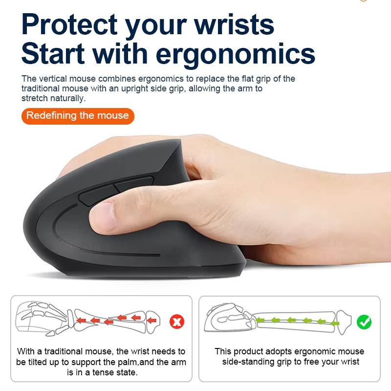 NexusClick Ergonomische Vertikale Bluetooth-Funkmaus in Schwarz, wiederaufladbar, 1600 DPI, 6 Tasten - Bild 5