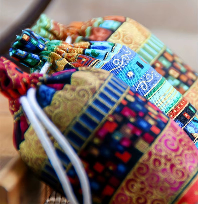 6er Set ethnische Schmuckbeutel aus Baumwoll-Leinen und Hanf in Gelb und Multicolour zur Aufbewahrung von Perlen und Accessoires - Bild 5