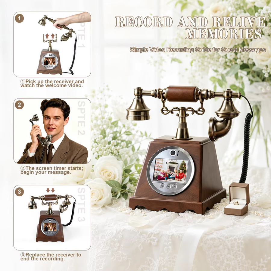 FEIYAQI Retro Video-Gästebuch-Telefon mit 1080P Auflösung und 32 GB Speicher in Holzmaserung Braun oder Weiß - Bild 4