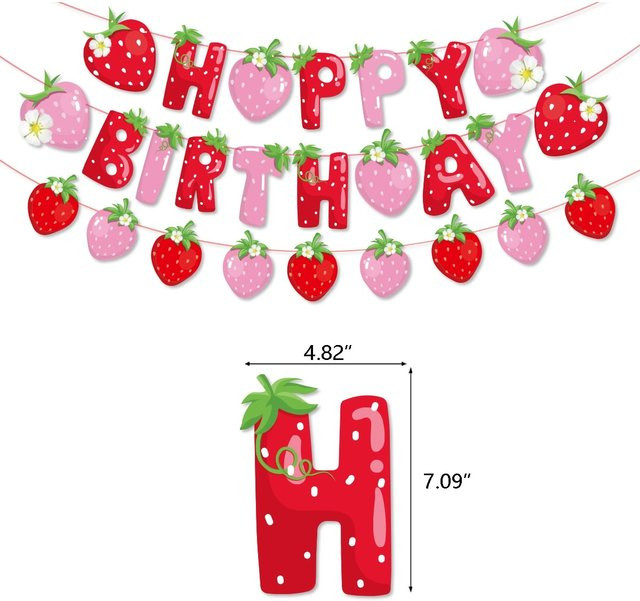 LQDIANTANG Alles Gute zum Geburtstag Papier Banner mit Erdbeere Motiv in Multicolor für Kindergeburtstage - Bild 1