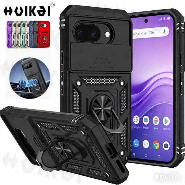 Huikai Stoßfeste Panzerhülle mit Kamera-Schutzhülle, Schiebeverschluss und magnetischem Ständer für Google Pixel 10 Pro XL, 10 Pro, 10A, 9 Pro, 9A in Schwarz - Bild 1